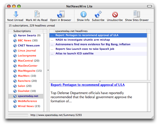 Screenshot of NetNewsWire Lite 1.0.2